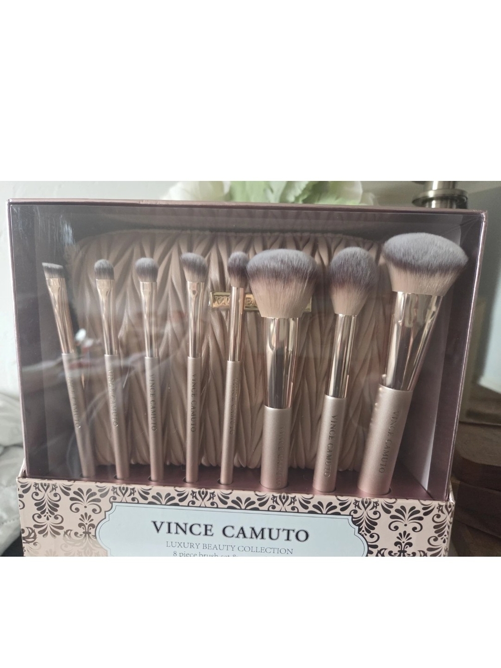 Vince Camuto Metallic Rose Gold Makeup Brush Set with Matching Case